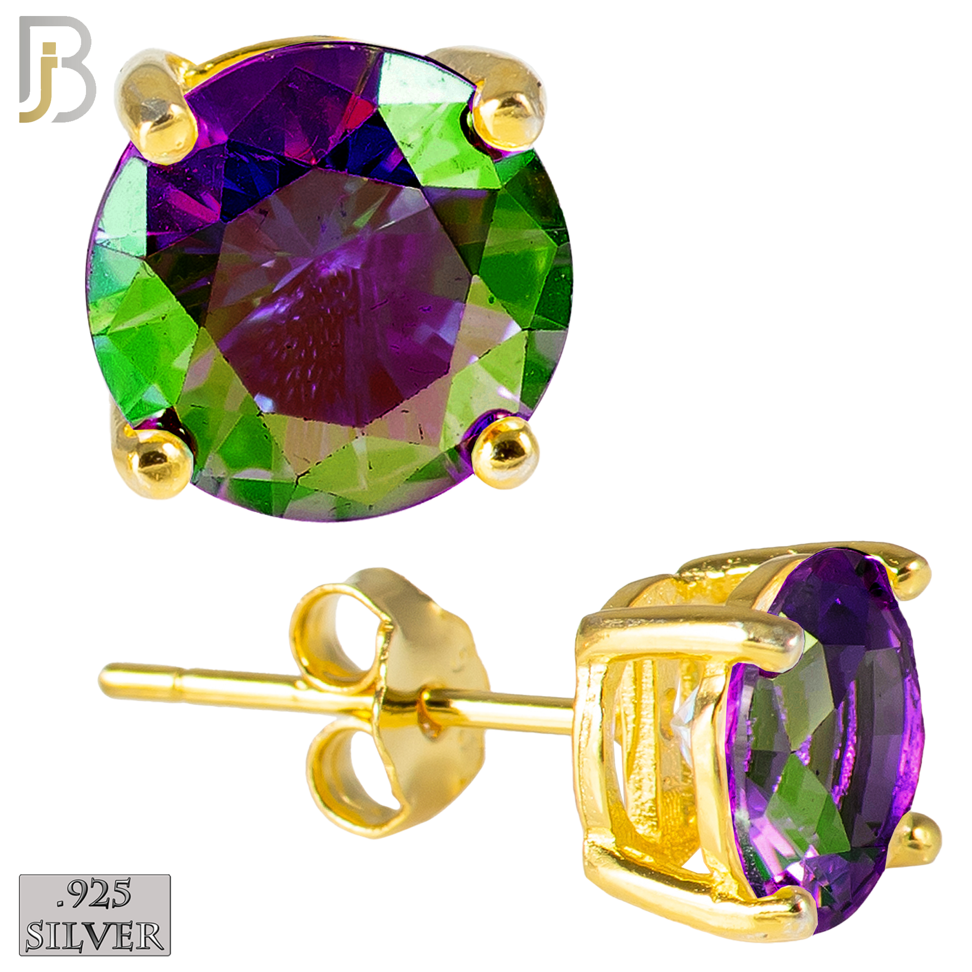 925-ES71-GM - .925 Sterling Silver Gold Plated Earring Stud Casting Round Prong Setting Mystic Zircon image 0