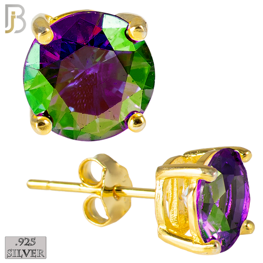 925-ES71-GM - .925 Sterling Silver Gold Plated Earring Stud Casting Round Prong Setting Mystic Zircon image 0