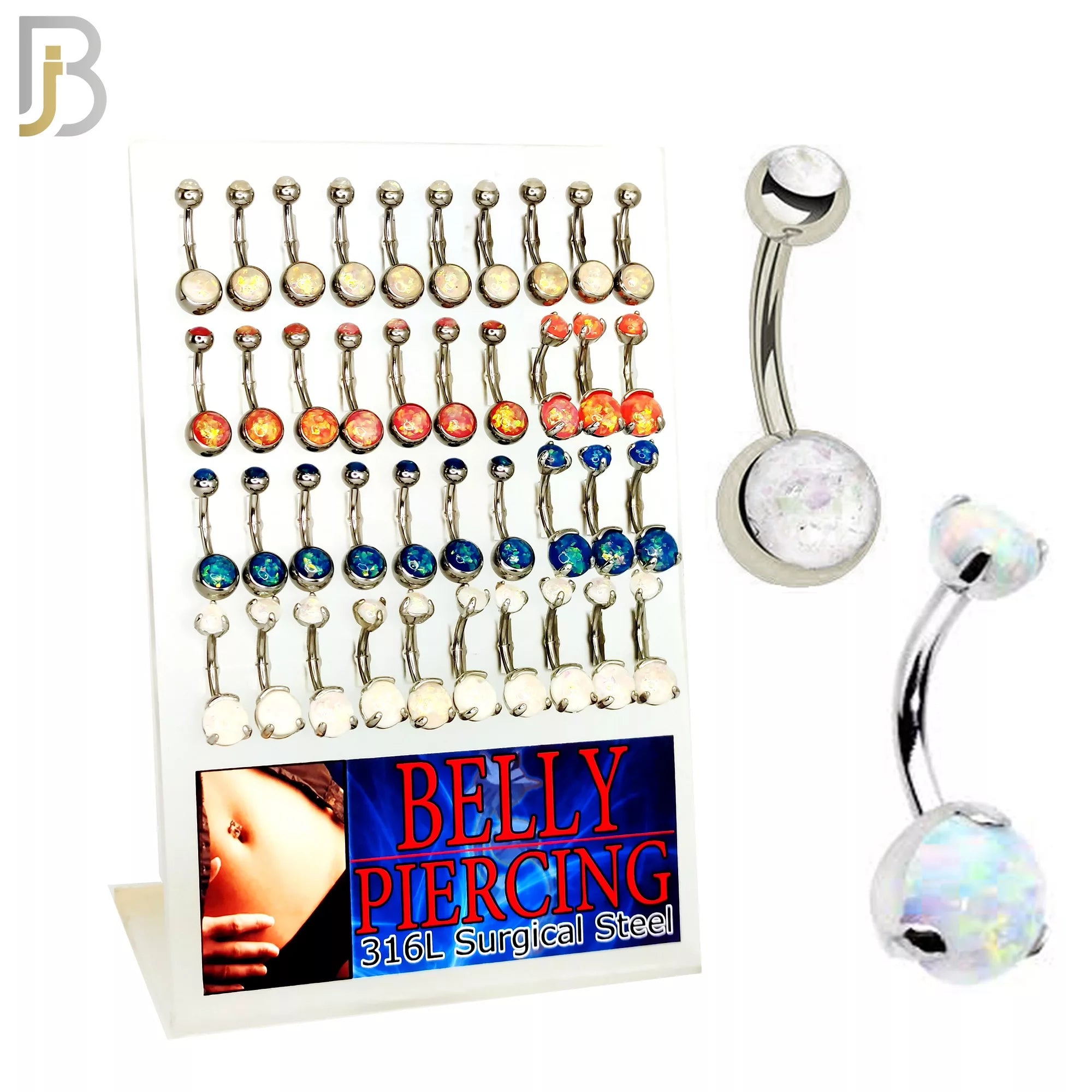 PK-NB14 - 316L Surgical Steel Screw Bezel Setting  and Prong Setting Opal Banana Belly Ring Pack of 40 - Bezel and 3 Prong Set image