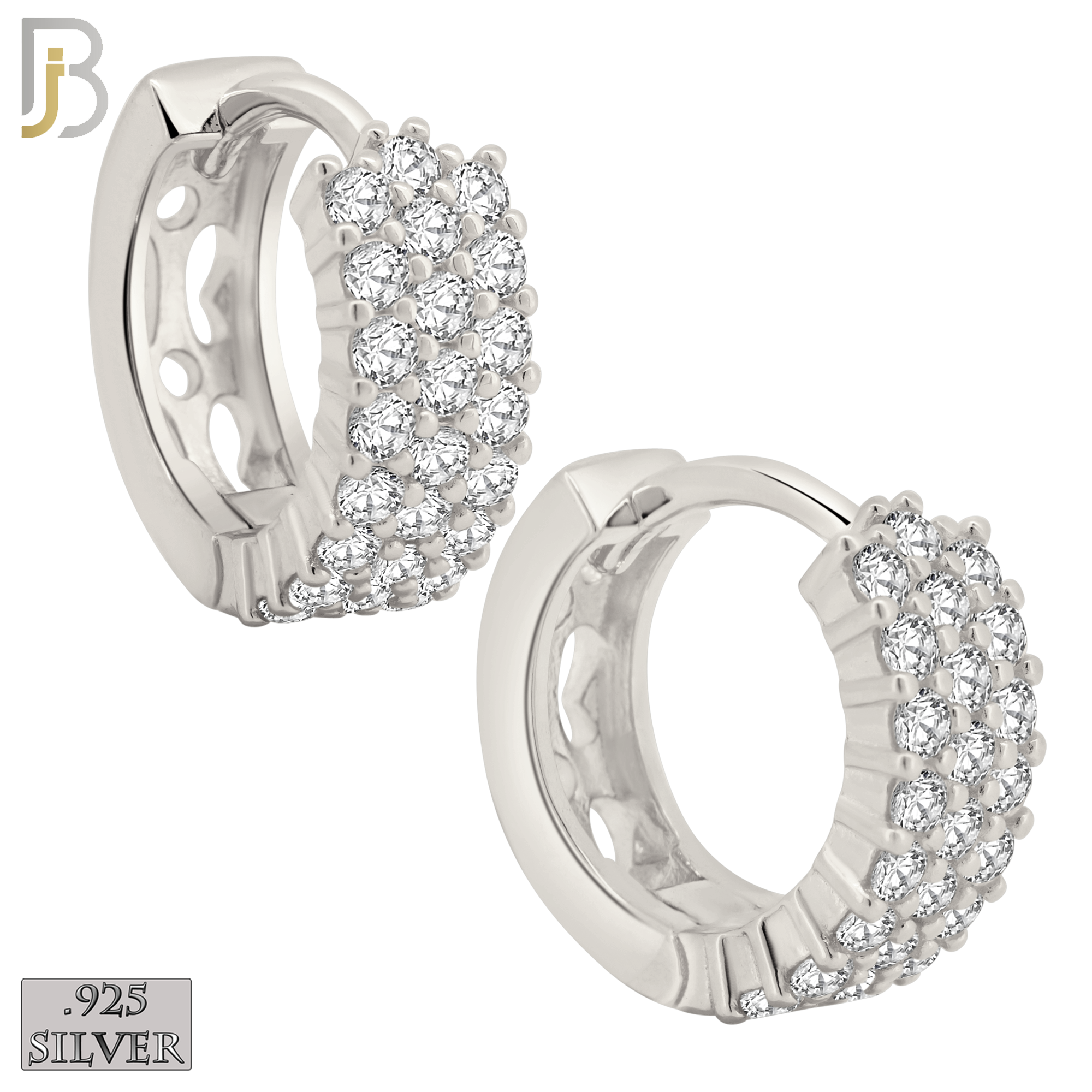 925-ES402 - .925 Sterling Silver Three Rows CZ Studded Hoop Earrings image 0