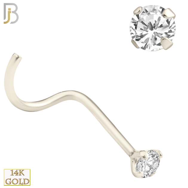 14-NR03CW-20 - 20g Thickness 14k Solid White Gold Prong Setting  Round Cubic Zircona Nose Screw, Cork Screw image 3