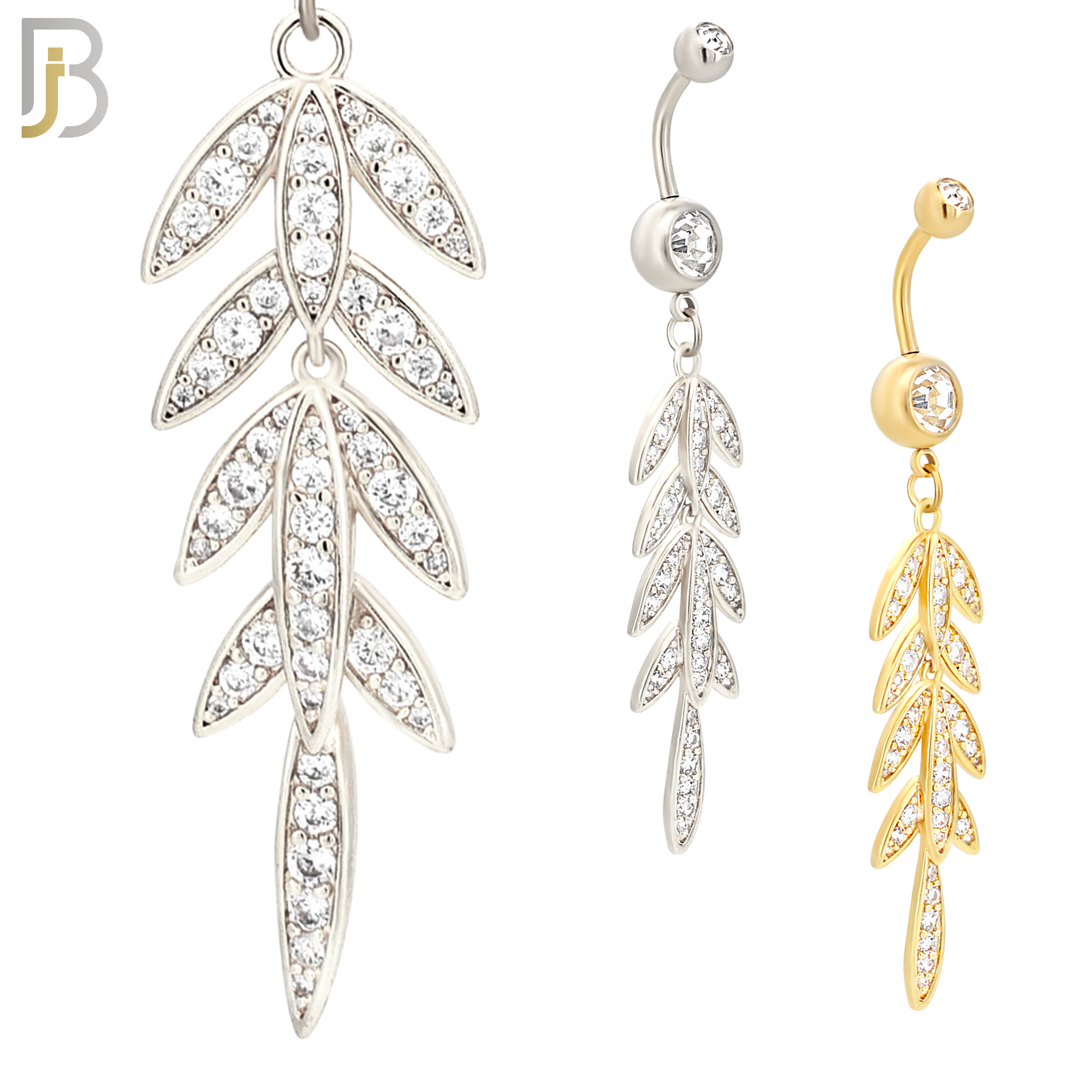 N0103  - 316L Stainless Steel Flower Dangling Laurel Wreath with Zircon Belly Ring image 0