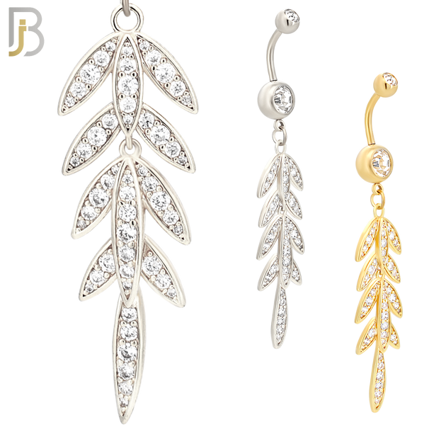 N0103  - 316L Stainless Steel Flower Dangling Laurel Wreath with Zircon Belly Ring image 0