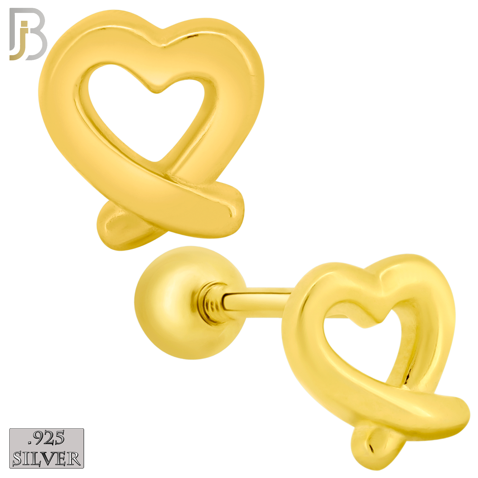 925-ES433 - Screw Ball Back - .925 Sterling Silver Plain Hollow Overlapping Ends Heart Earrings Stud image 1