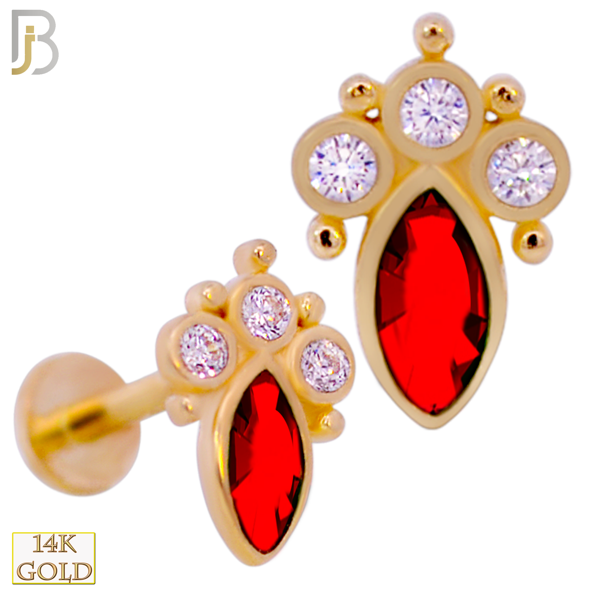 14-LB96 - 14k Yellow Gold Marquise CZ Labret - Red Stone image