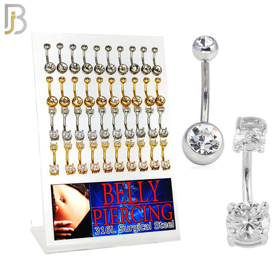 PK-NB01SY - 316L Surgical Steel / Gold Plated Screw Bezel / Prong Setting Zircon Ball Banana Belly Ring Pack of 40 image 0