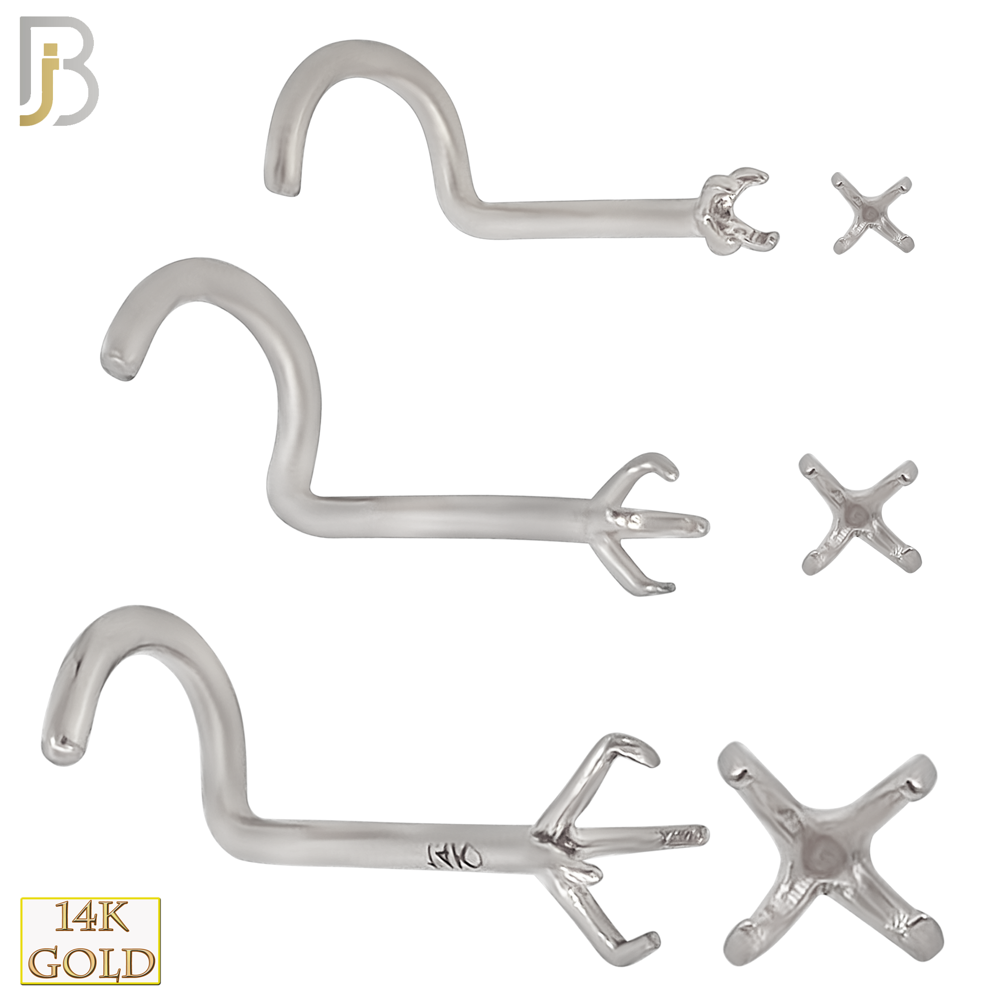 14-NR03W-20 - 20g Thickness 14k Solid White Gold Prong Setting Nose Screw, Cork Screw Mounting Only image 0