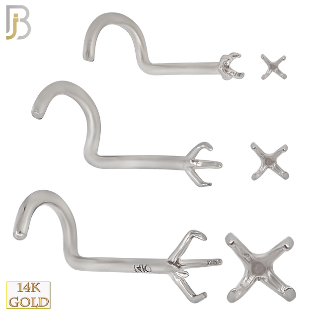 14-NR03W-20 - 20g Thickness 14k Solid White Gold Prong Setting Nose Screw, Cork Screw Mounting Only image 0