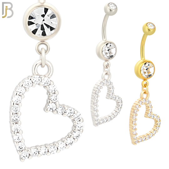 N011 - S316L Stainless Steel Dangling Hollow Heart Zircon Design Belly Ring with 4mm Screw Ball image 0