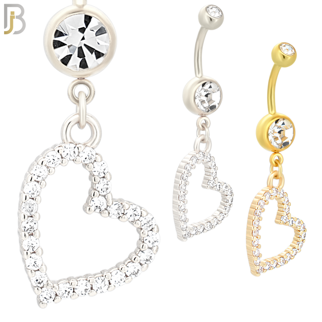 N011 - S316L Stainless Steel Dangling Hollow Heart Zircon Design Belly Ring with 4mm Screw Ball image 0