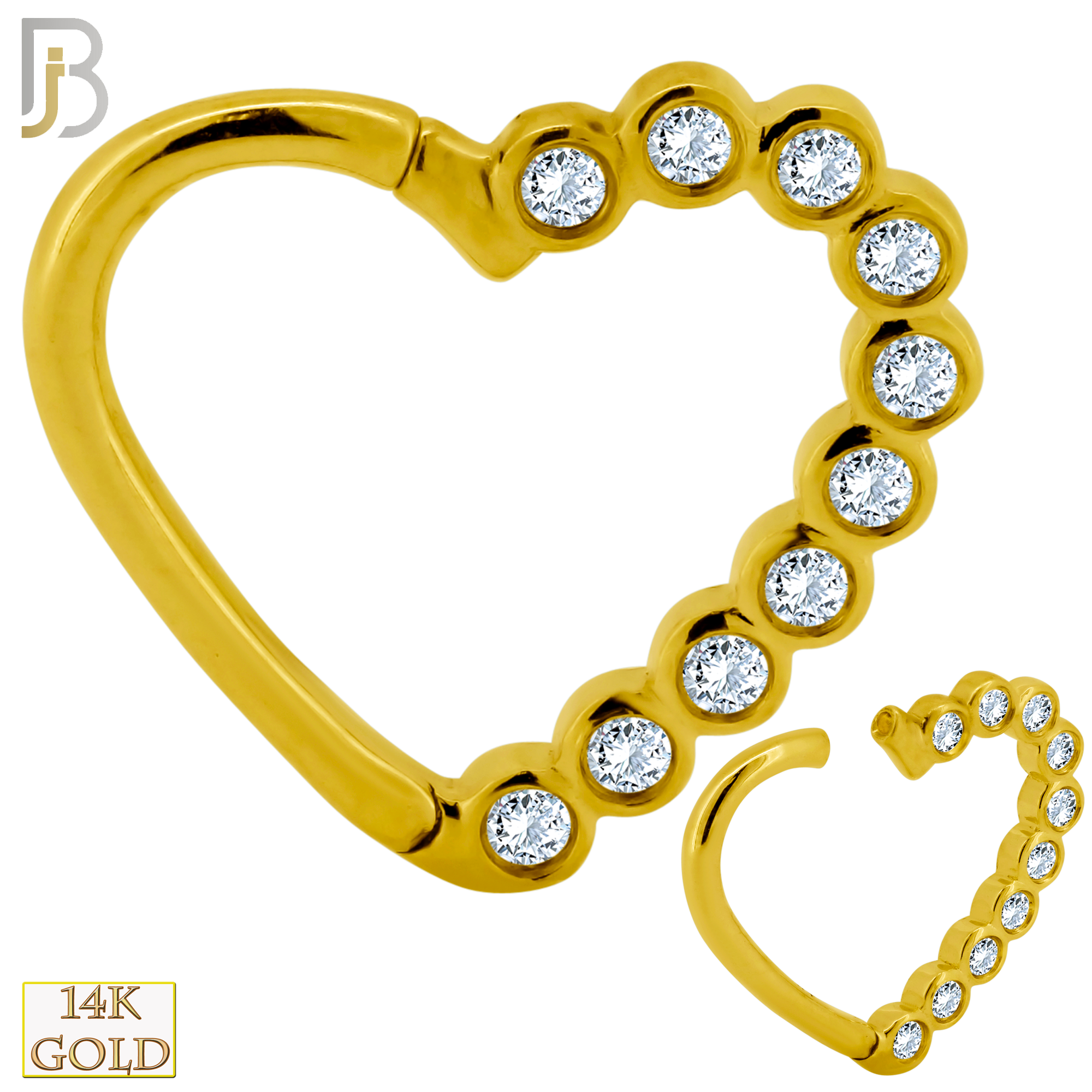 14-TH16 - 14K Solid Gold 18g Thickness Hollow Heart with Multi CZ in Half Right Hinged Hoop - Yellow Gold image