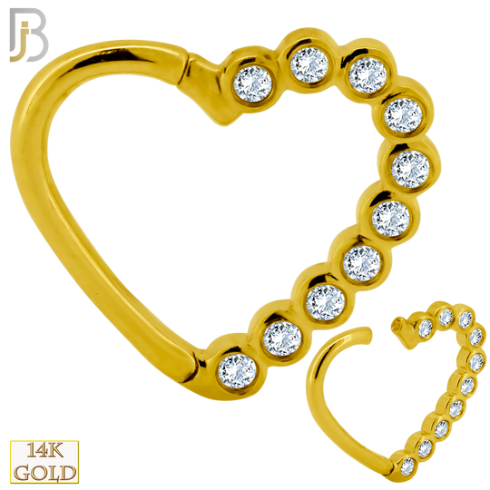 14-TH16 - 14K Solid Gold 18g Thickness Hollow Heart with Multi CZ in Half Right Hinged Hoop - Yellow Gold image