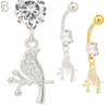 N086  - 316L Stainless Steel Dangling Bird on Branch with CZ Belly Ring image 0