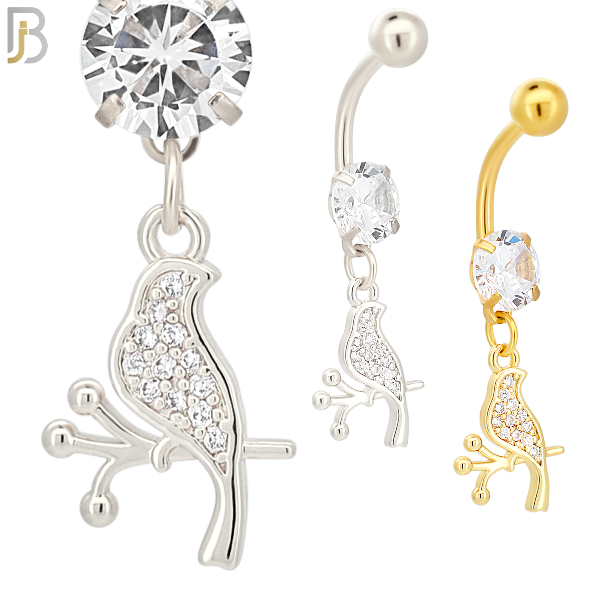 N086  - 316L Stainless Steel Dangling Bird on Branch with CZ Belly Ring image 0