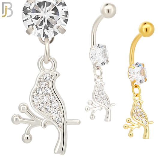 N086  - 316L Stainless Steel Dangling Bird on Branch with CZ Belly Ring image 0
