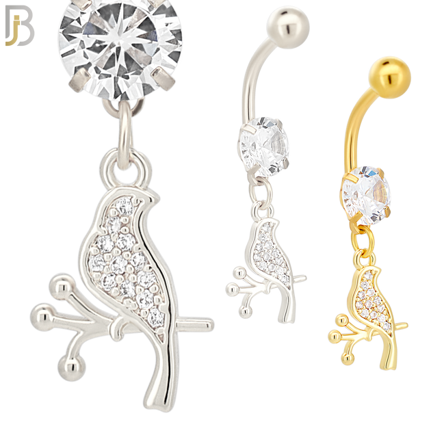 N086  - 316L Stainless Steel Dangling Bird on Branch with CZ Belly Ring image 0