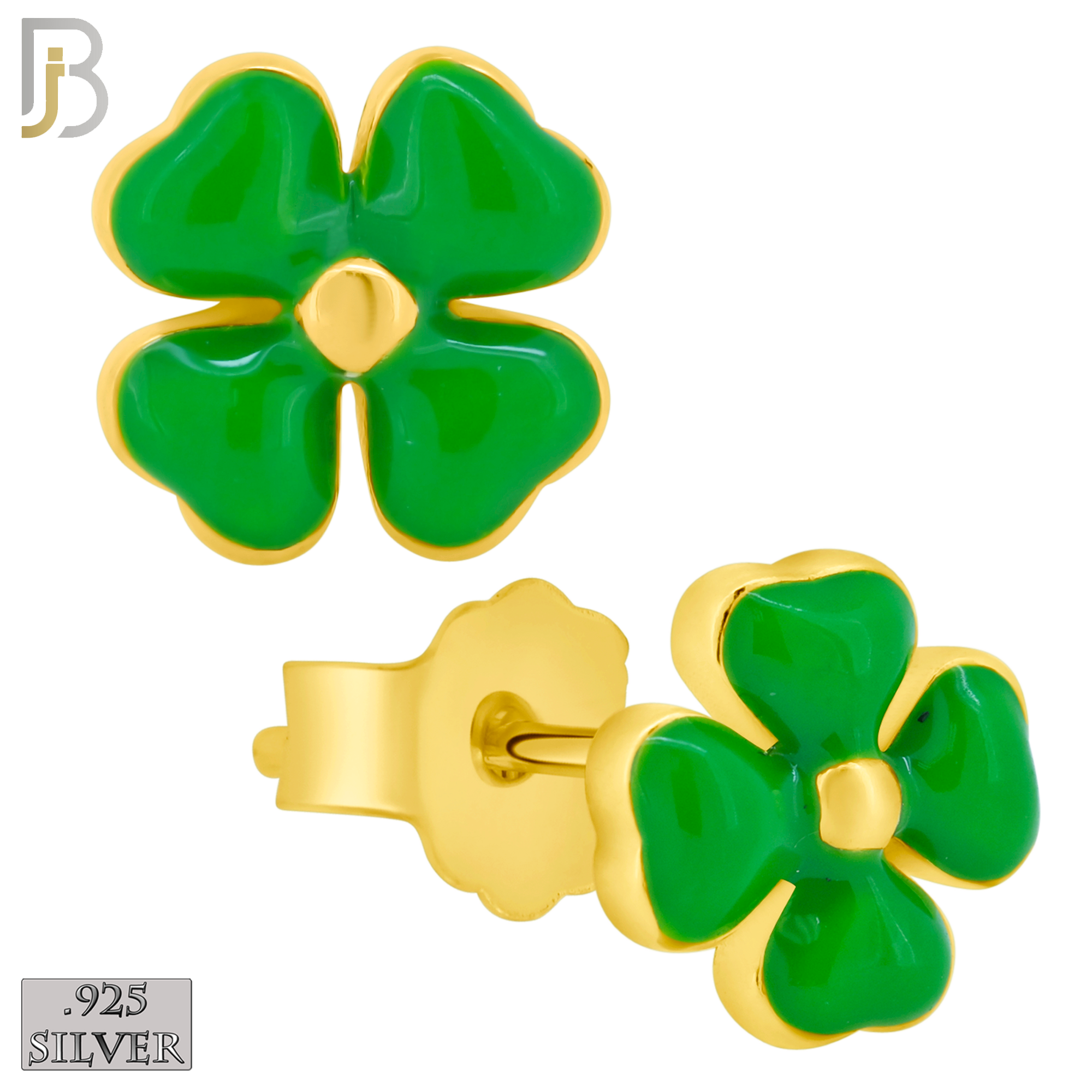 925-ES429 - Push Back - .925 Sterling Silver Green Enamel Four Leaf Clover Earrings Stud image 1