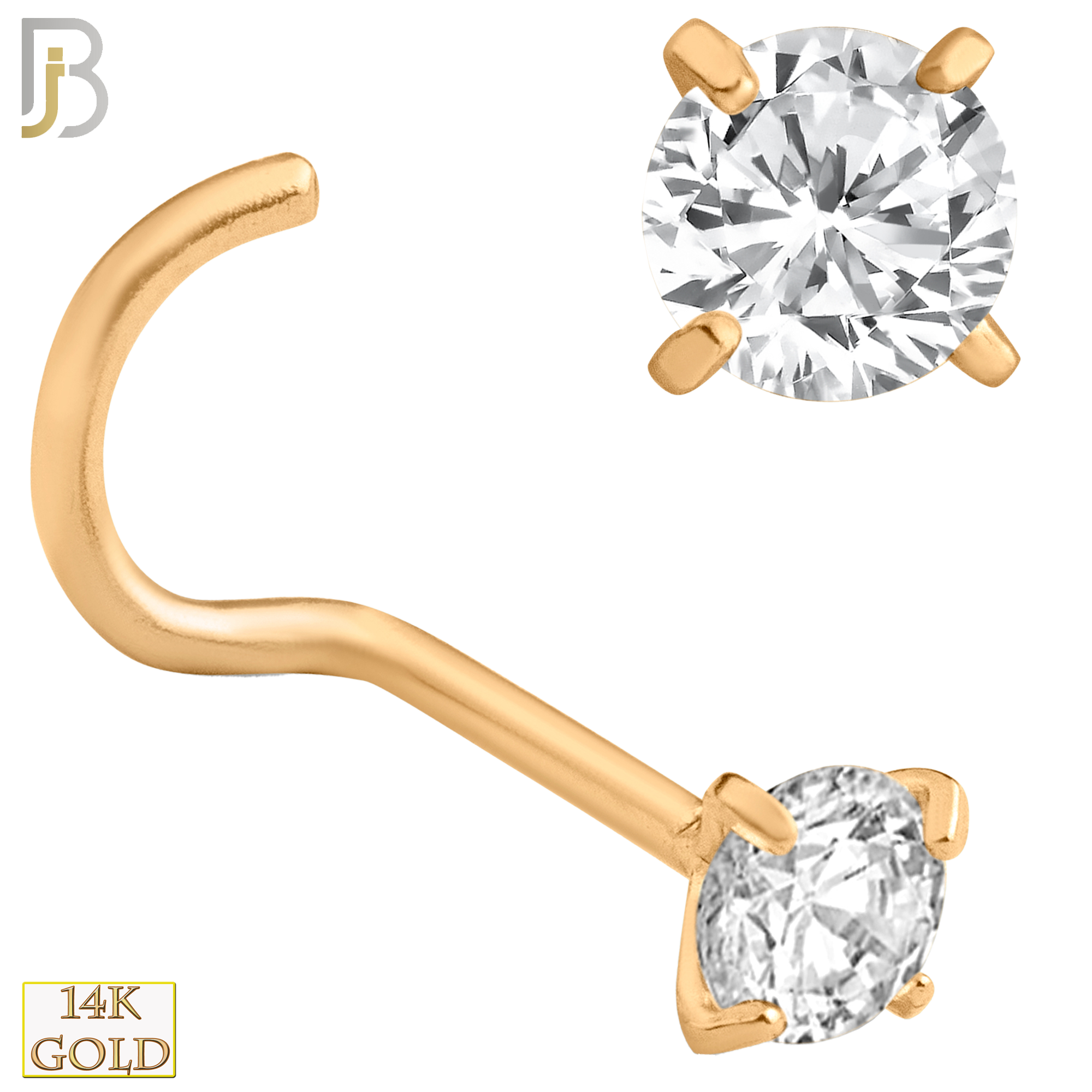 14-NR03CR-22 - 14k Solid Rose Gold 22g Prong Setting  Round Cubic Zircona Nose Screw, Cork Screw image 6
