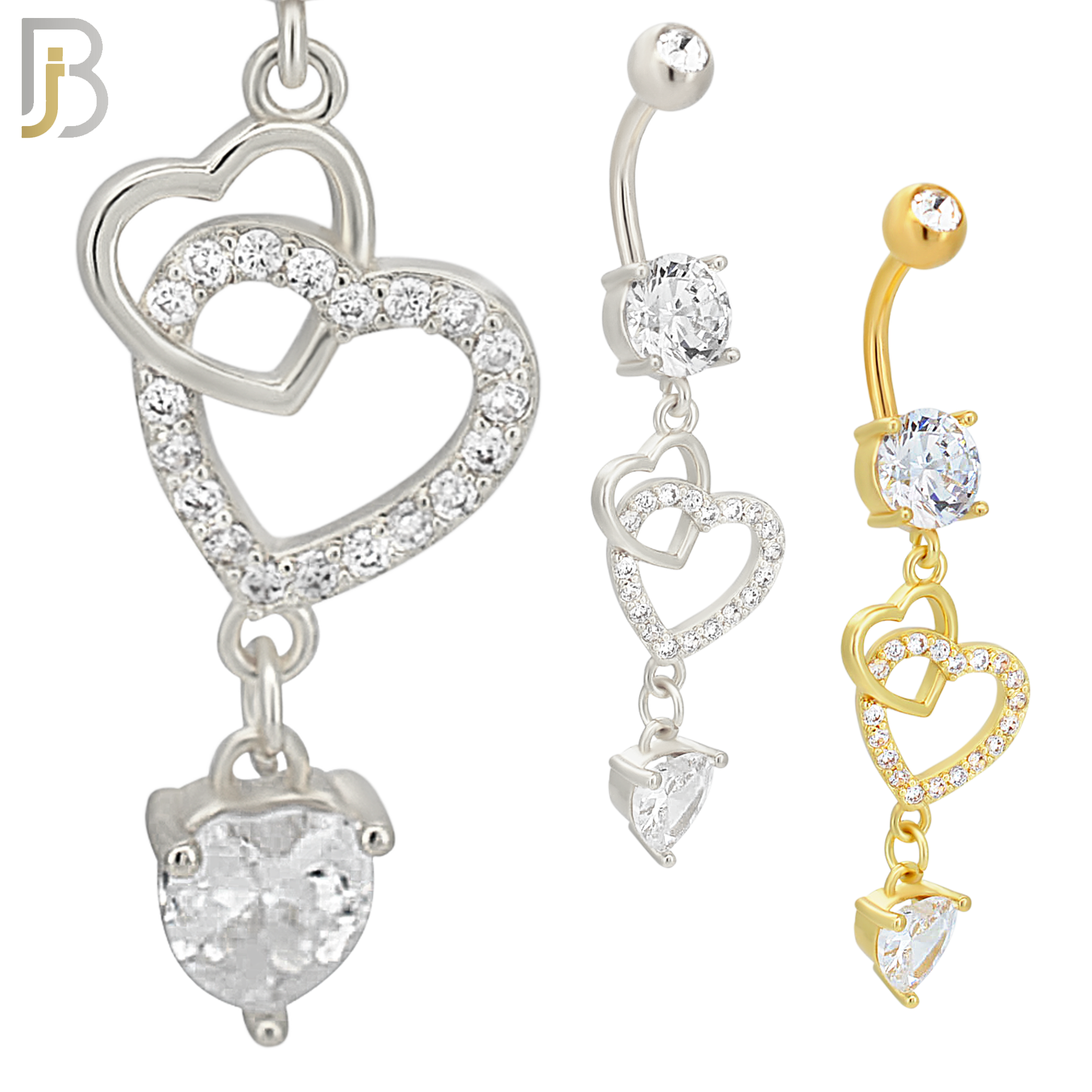 N099  - 316L Stainless Steel Round Zircon with Dangling Linked Hollow Hearts and Heart Shaped Zircon Belly Rings image 0
