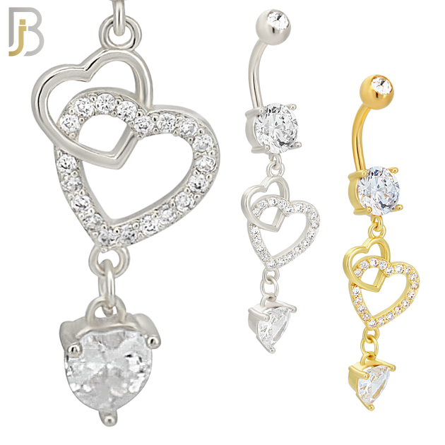 N099  - 316L Stainless Steel Round Zircon with Dangling Linked Hollow Hearts and Heart Shaped Zircon Belly Rings image 0