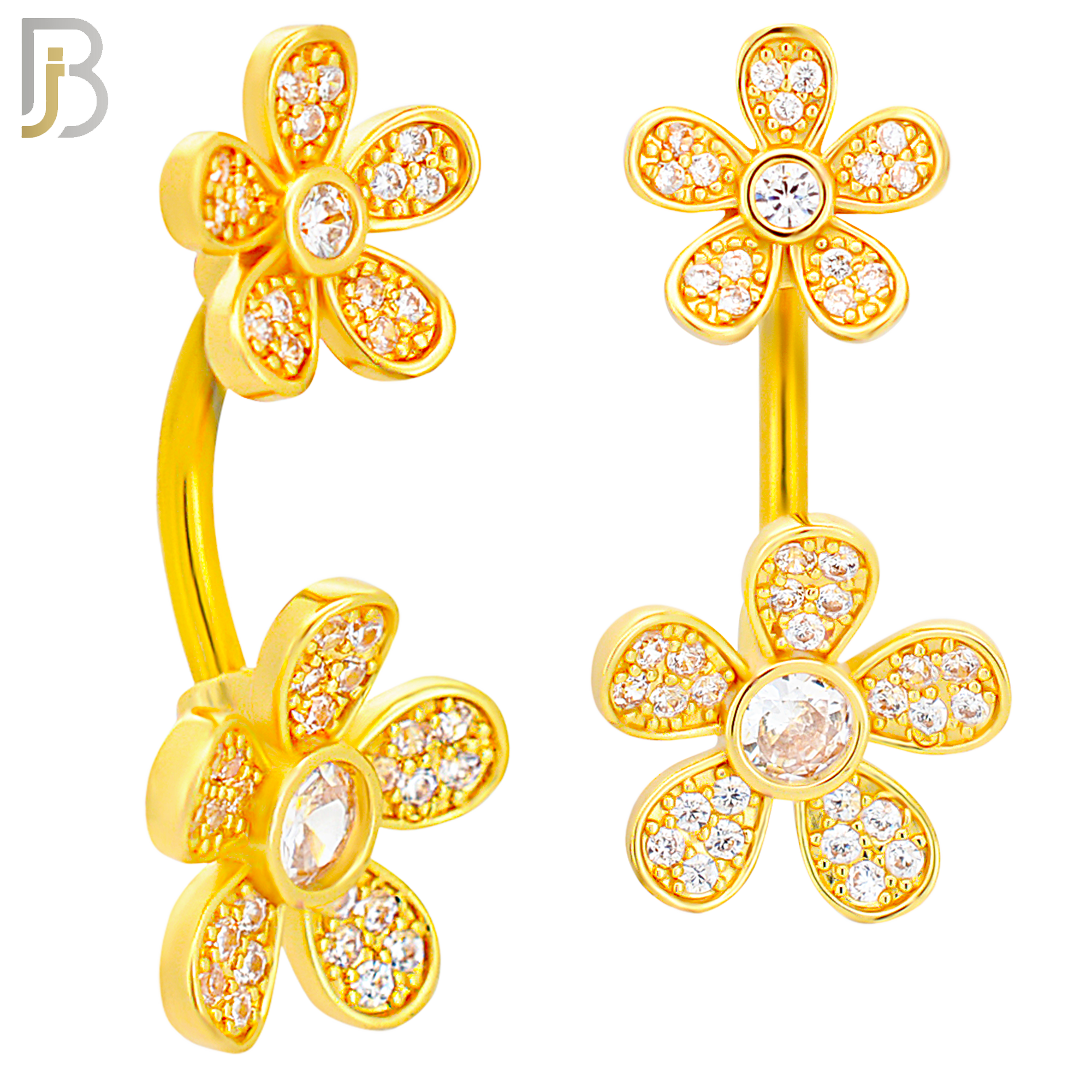 NB78 - 316L Stainless Steel Banana Belly Ring with Double Flower with Multi Cubic Zirconia image 2