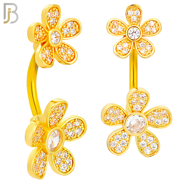 NB78 - 316L Stainless Steel Banana Belly Ring with Double Flower with Multi Cubic Zirconia image 2
