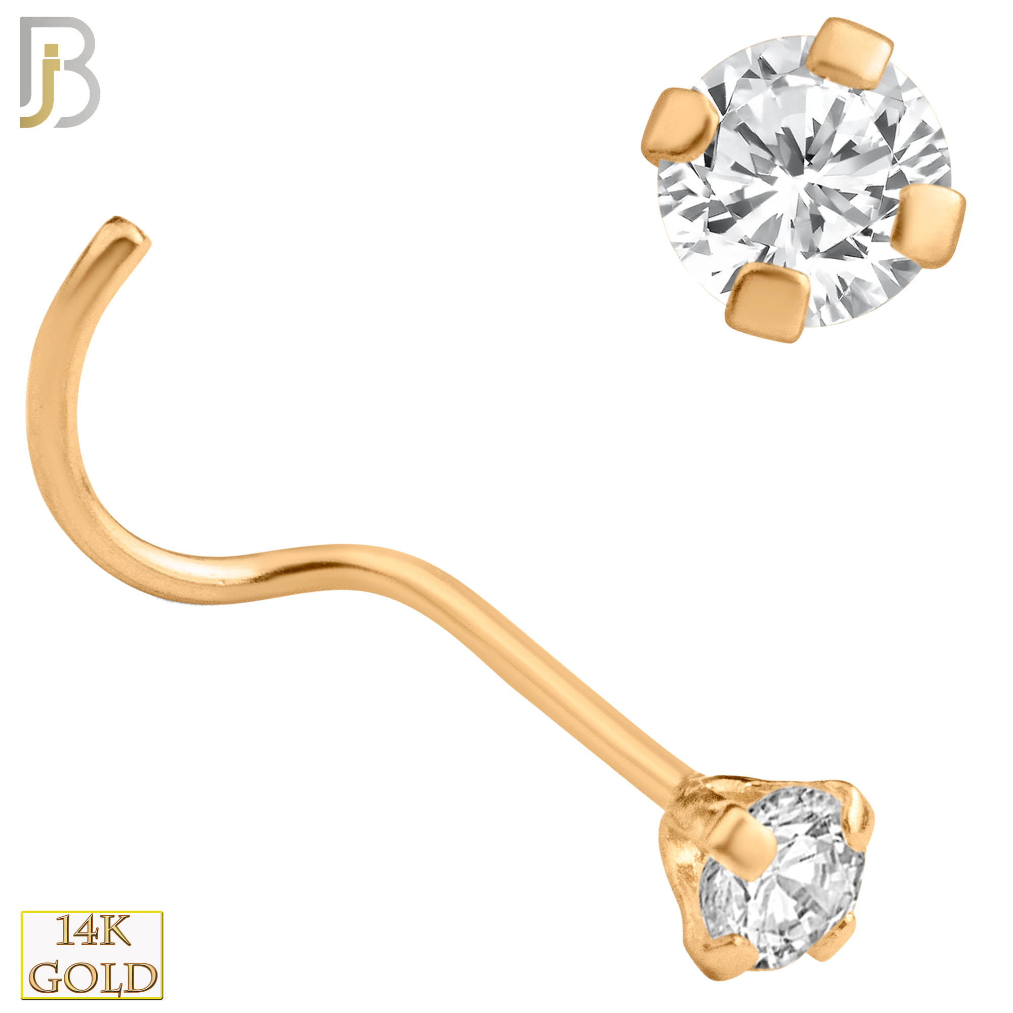 14-NR03CR-20 - 20g Thickness 14k Solid Rose Gold Prong Setting  Round Cubic Zircona Nose Screw, Cork Screw image 4