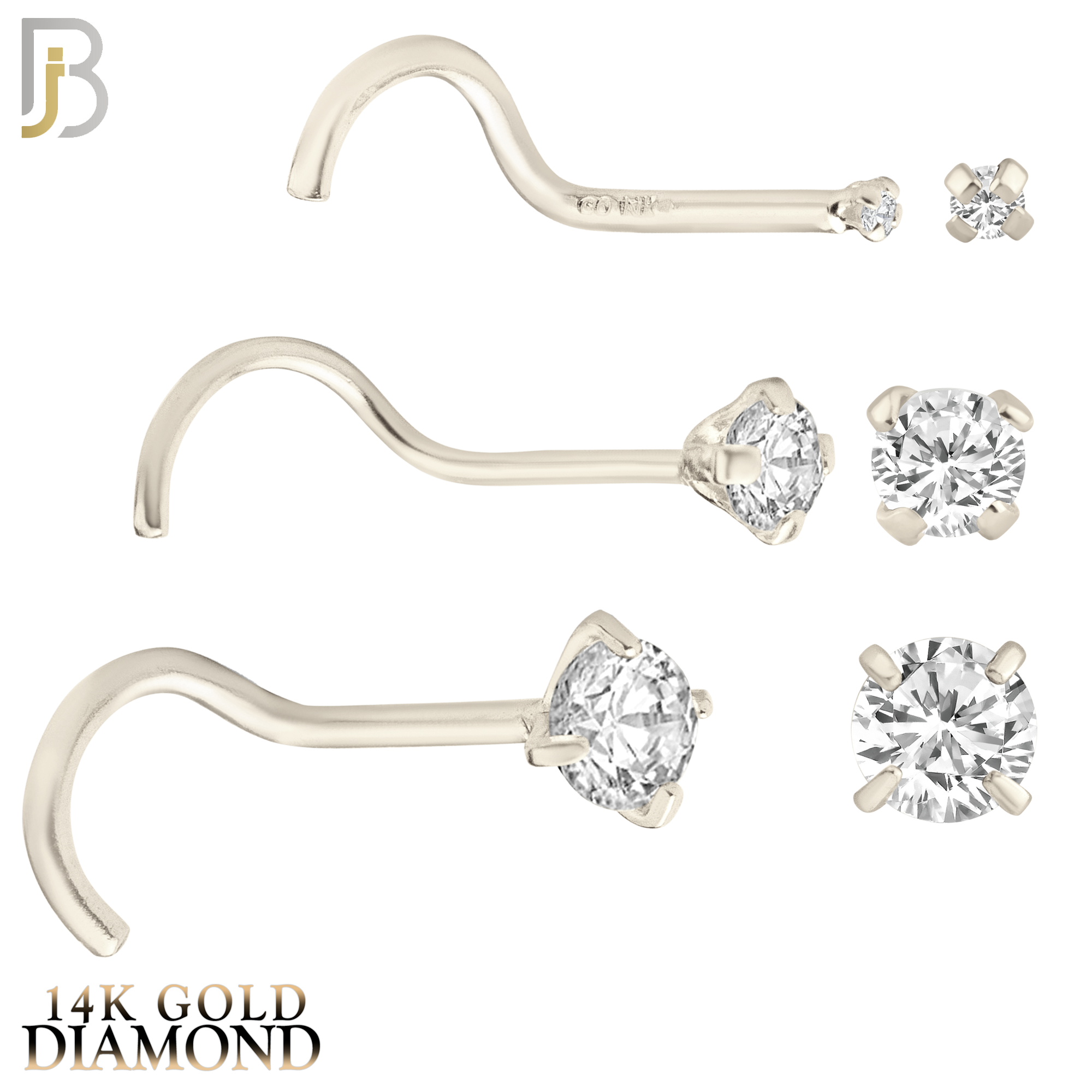 14-NR03D-20 - 20g - 14k Solid Gold Prong Setting Round Natural Diamond Nose Screw, Cork Screw image 1