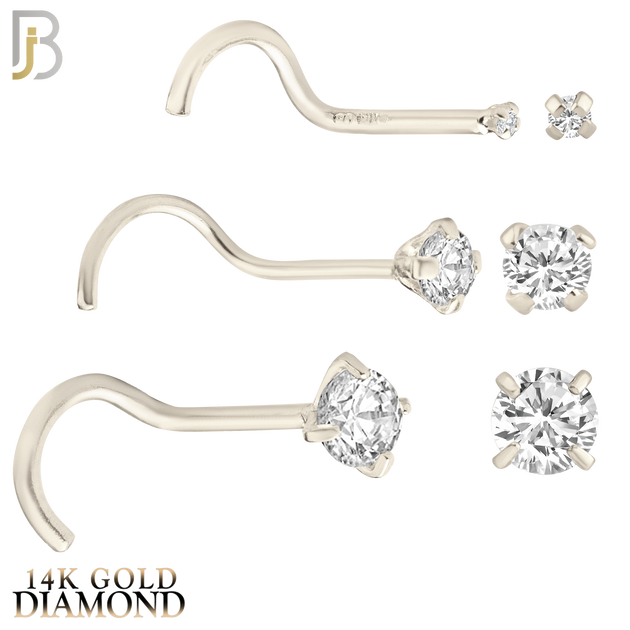 14-NR03D-20 - 20g - 14k Solid Gold Prong Setting Round Natural Diamond Nose Screw, Cork Screw image 1