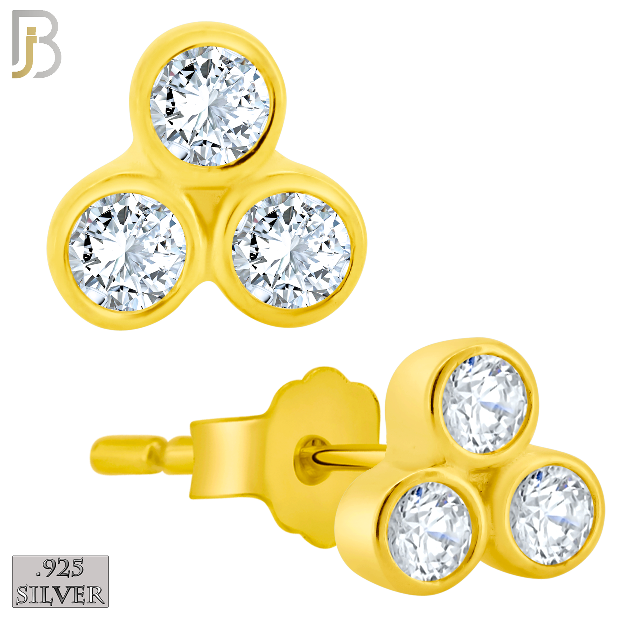 925-ES418 - Push Back - 925 Sterling Silver Three Bezel Set Round CZ in Triangle Stud Earrings image 1