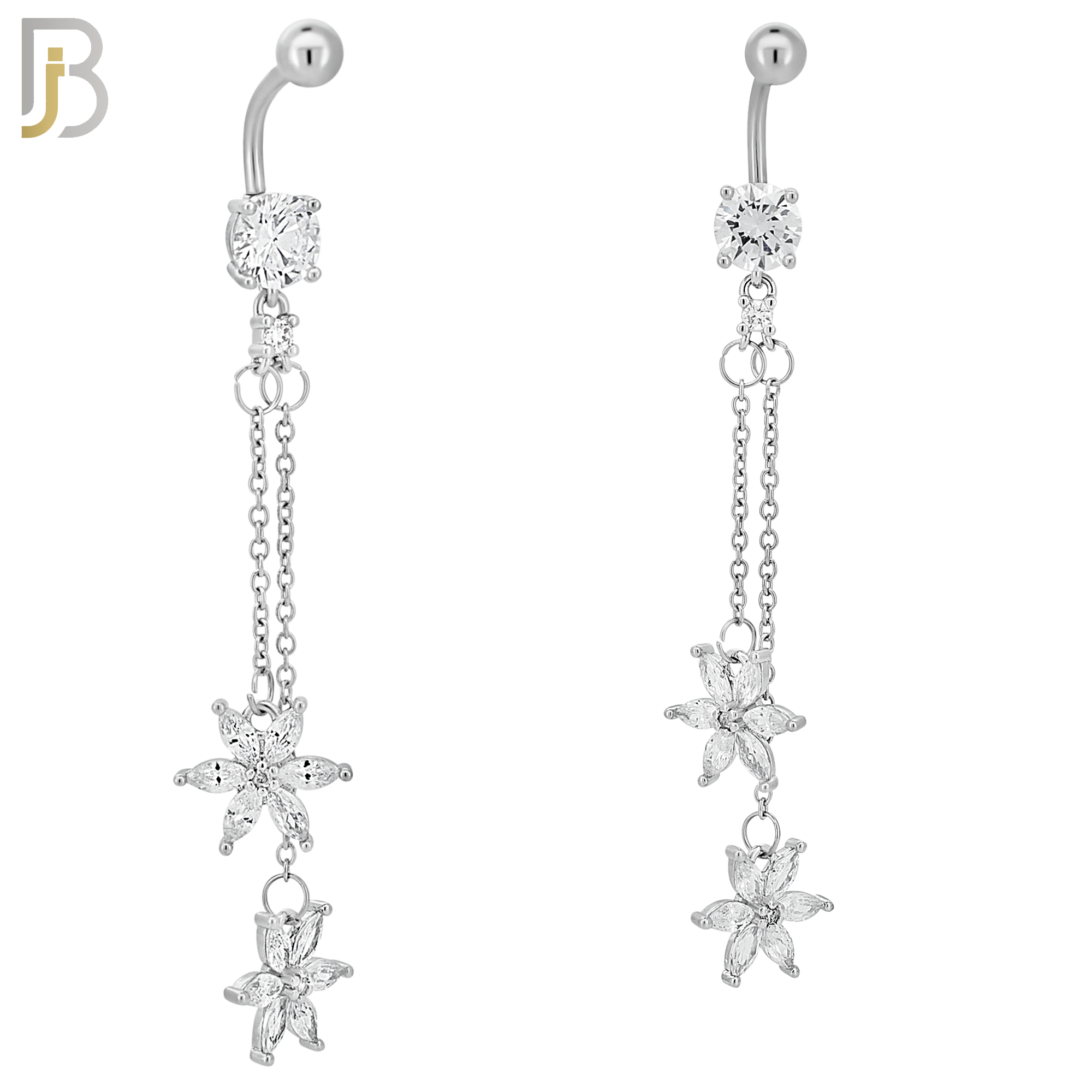 N0140 - 316L Stainless Steel Dangling Double 6 Petal Flower Drop with CZ Belly Ring and 5mm Screw Top image 1