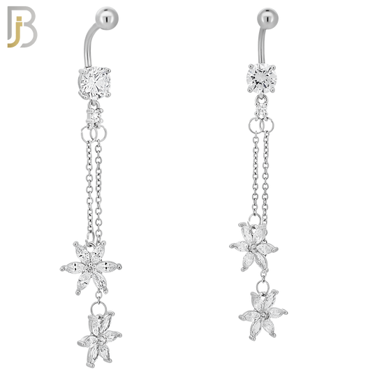 N0140 - 316L Stainless Steel Dangling Double 6 Petal Flower Drop with CZ Belly Ring and 5mm Screw Top image 1