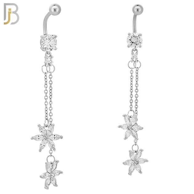 N0140 - 316L Stainless Steel Dangling Double 6 Petal Flower Drop with CZ Belly Ring and 5mm Screw Top image 1