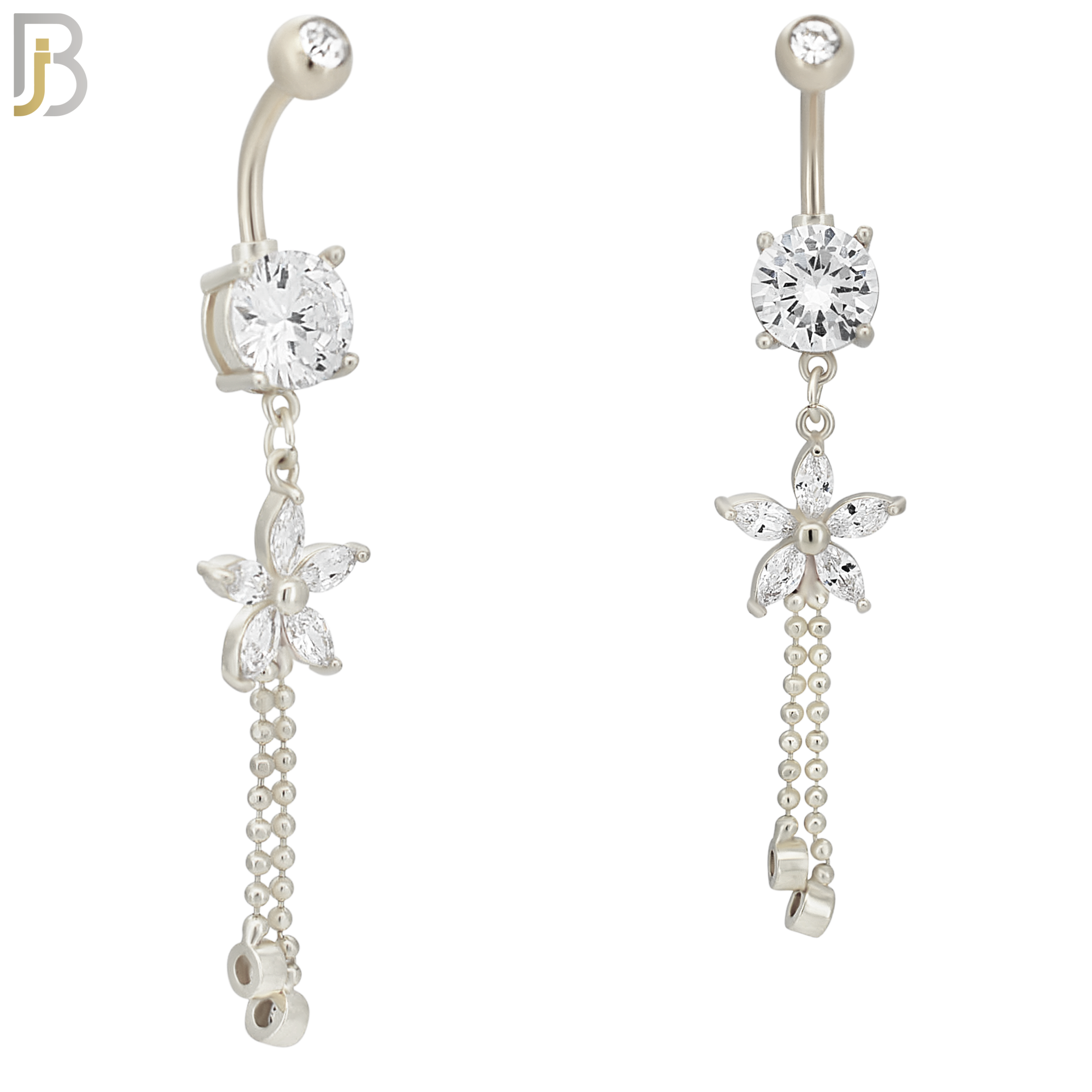 N0102  - 316L Stainless Steel Round Zircon with Dangling Flower with Zircon Drop Belly Ring image 1