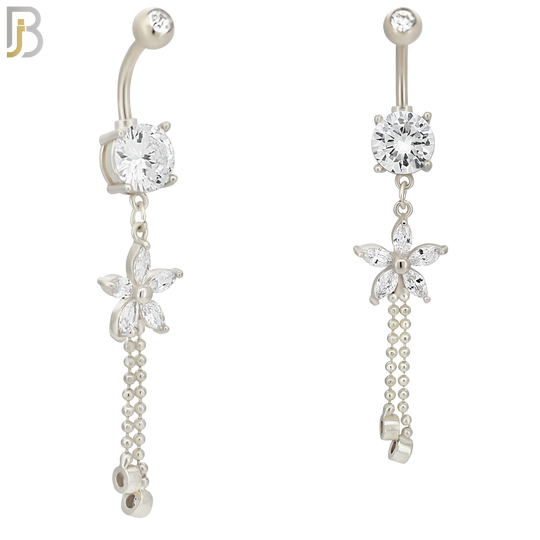 N0102  - 316L Stainless Steel Round Zircon with Dangling Flower with Zircon Drop Belly Ring image 1