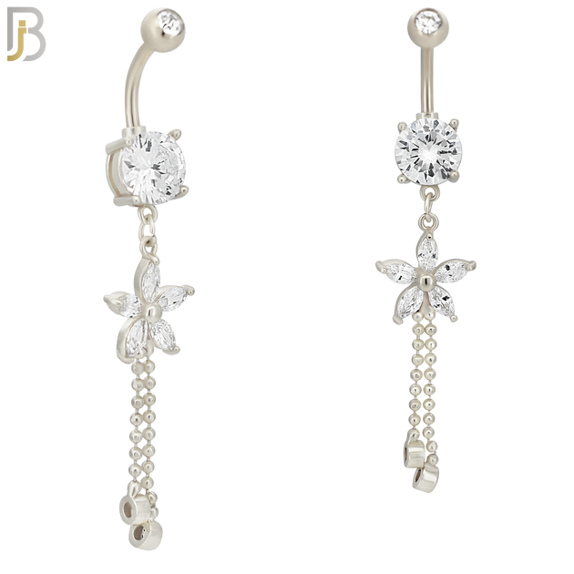 N0102  - 316L Stainless Steel Round Zircon with Dangling Flower with Zircon Drop Belly Ring image 1