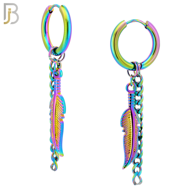 ES50 - 316L Stainless Steel Dangling Feather with Chain Design Huggies Clip On image 2