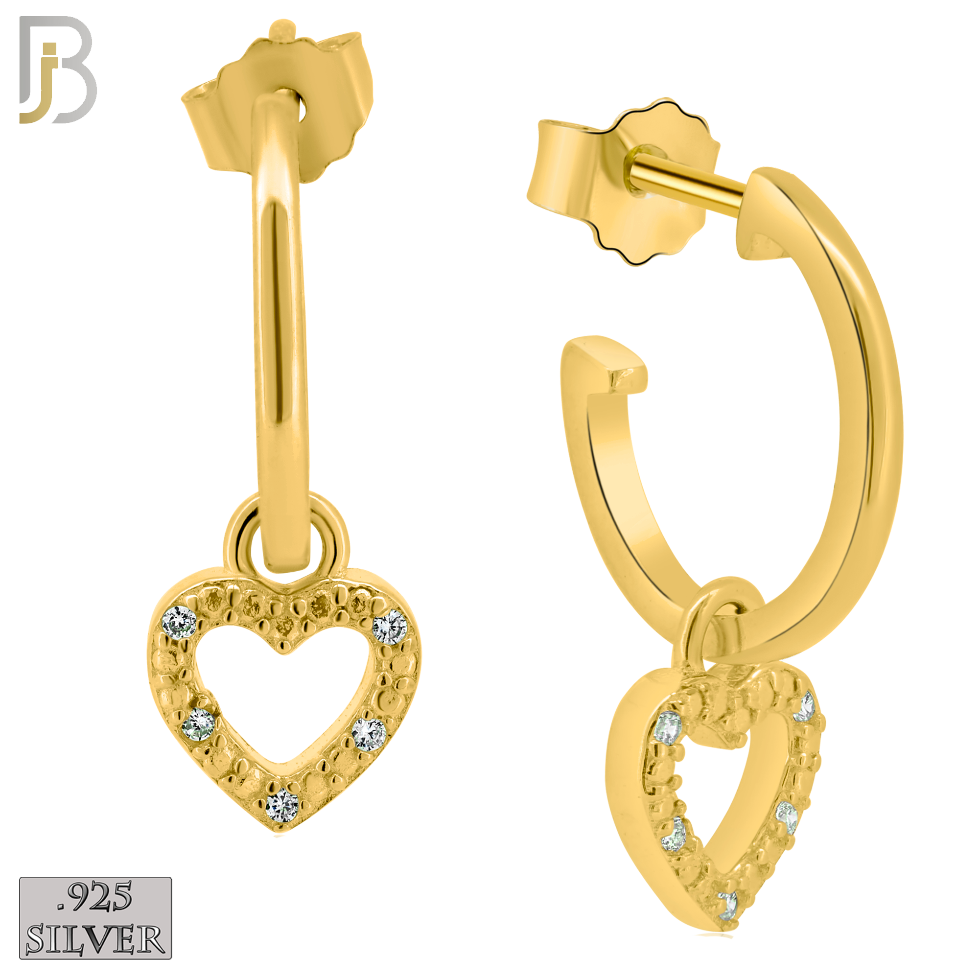 925-ES266 - .925 Sterling Silver Half Hoops with Dangling Hollow Heart with Zircon Design Earrings Stud image 2