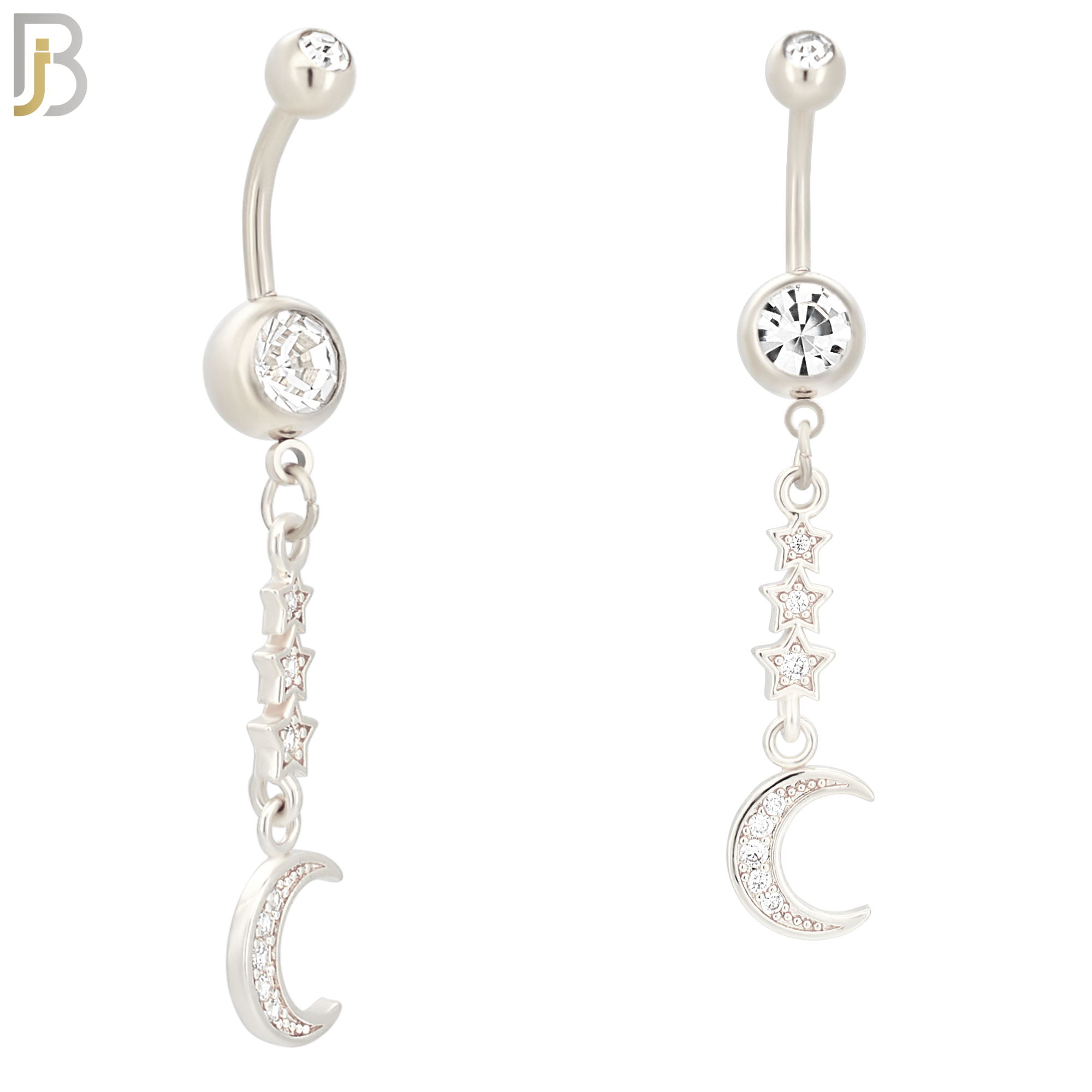 N021 - 316L Stainless Steel Dangling Triple Star with Crescent Moon with Zircon  Design Belly Ring with 5mm Screw Ball image 1