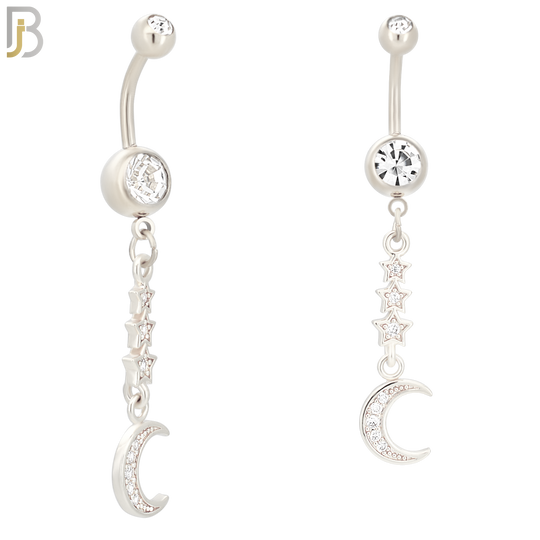 N021 - 316L Stainless Steel Dangling Triple Star with Crescent Moon with Zircon  Design Belly Ring with 5mm Screw Ball image 1