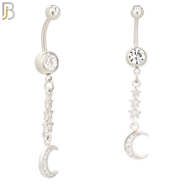N021 - 316L Stainless Steel Dangling Triple Star with Crescent Moon with Zircon  Design Belly Ring with 5mm Screw Ball image 1