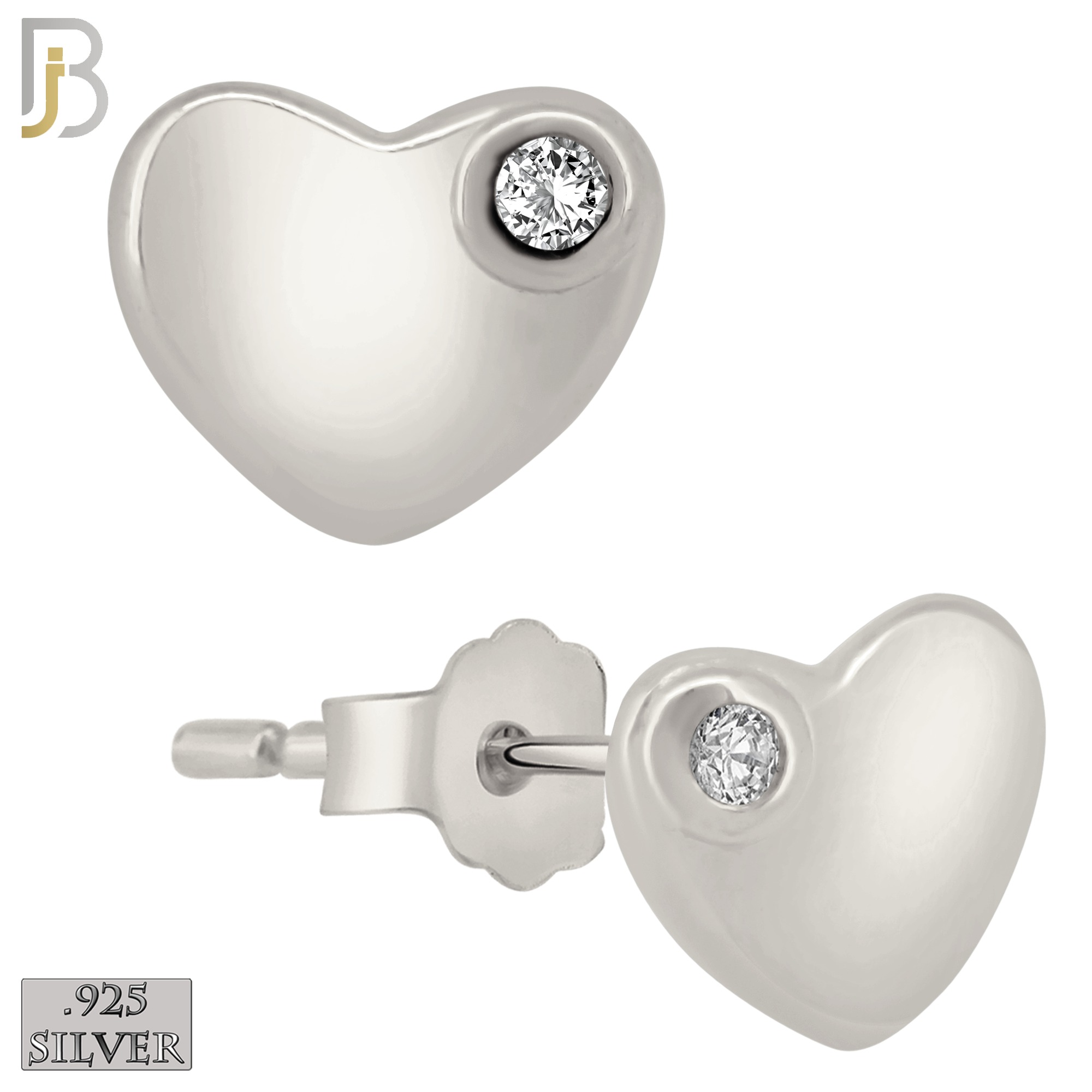 925-ES211 - Push Back - .925 Sterling Silver Plain Heart Shaped Earring Stud with Single Clear Zircon image 1