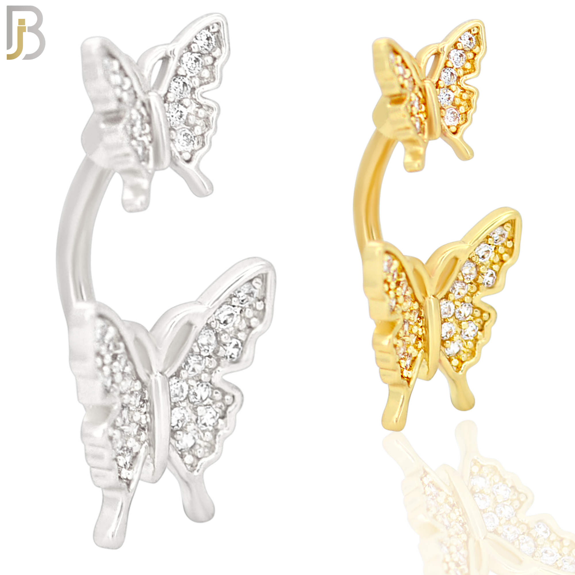 NB62 - 316L Stainless Steel Double Butterfly Banana Belly Ring with Cubic Zirconia image 0