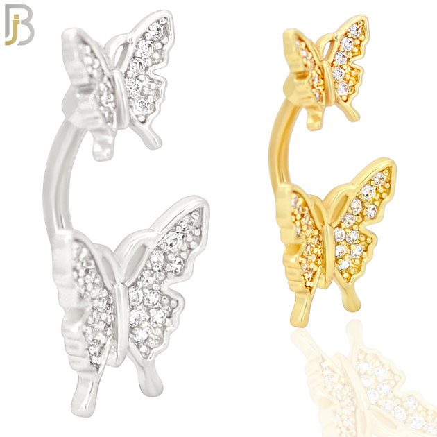 NB62 - 316L Stainless Steel Double Butterfly Banana Belly Ring with Cubic Zirconia image 0