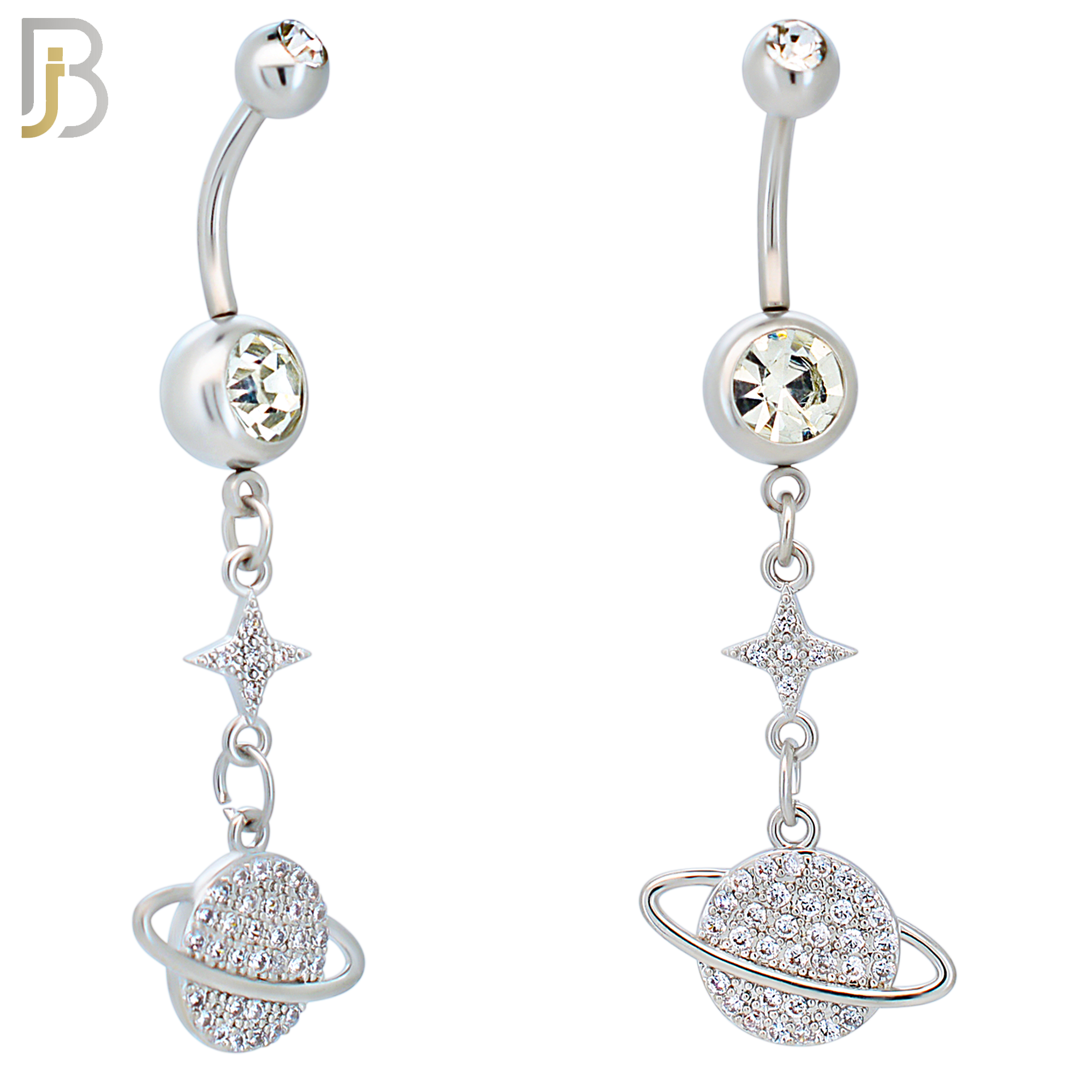 N0121 - 316L Stainless Steel Dangling Planet Saturn with Multi Zircon Belly Ring image 0