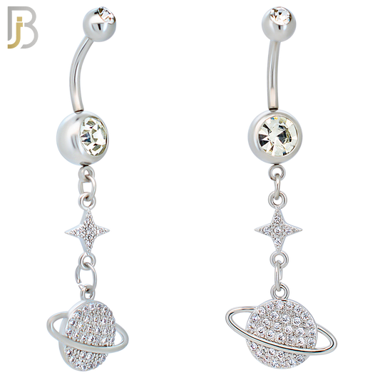 N0121 - 316L Stainless Steel Dangling Planet Saturn with Multi Zircon Belly Ring image 0