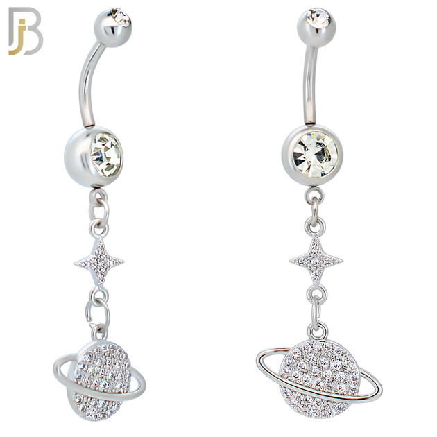 N0121 - 316L Stainless Steel Dangling Planet Saturn with Multi Zircon Belly Ring image 0