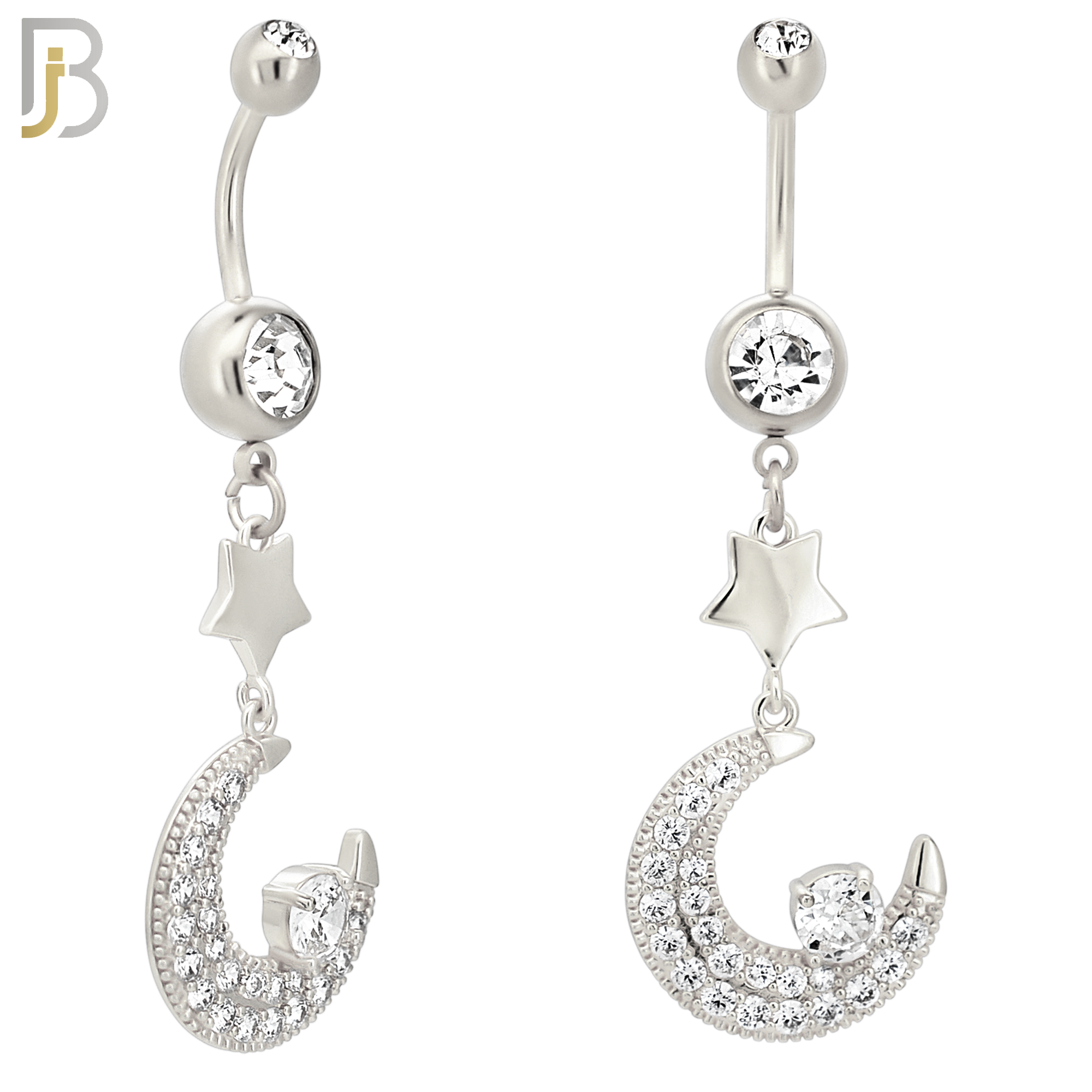 N0143 - 316L Surgical Steel Dangling Crescent Moon with Multi CZ Belly Ring image 1
