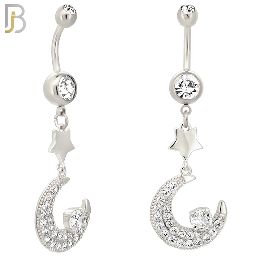 N0143 - 316L Surgical Steel Dangling Crescent Moon with Multi CZ Belly Ring image 1