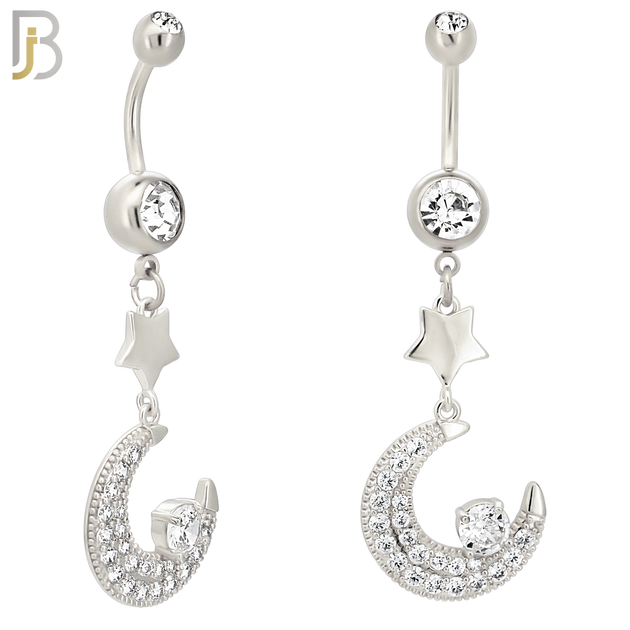 N0143 - 316L Surgical Steel Dangling Crescent Moon with Multi CZ Belly Ring image 1